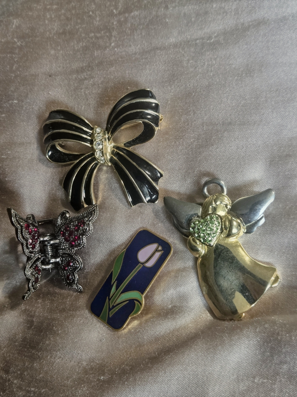 Vintage Bow, Angel and Tulip Brooch With A Butterfly Hair Clip Lot Of 4